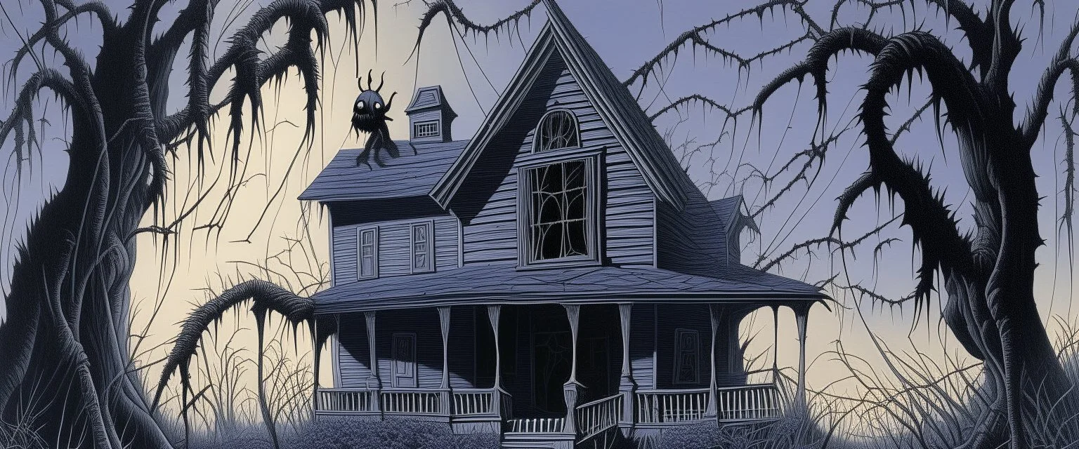 A grayish violet house infested with psychic spiders designed in Javanese shadow puppets painted by Caspar David Friedrich