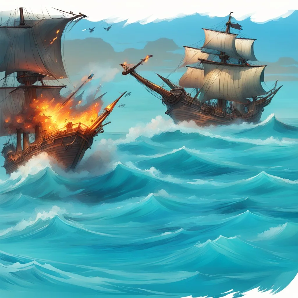 two pirate ships fighting each other at sea. They fire cannons at each other and one ship is hit and burns.