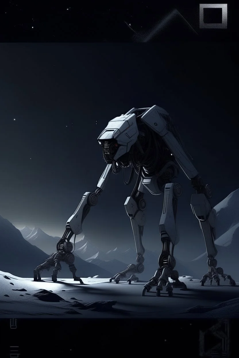 I want an image of a eight legged mechanical walker mech scaling the side of mout everest at night, it has a smooth surface, it has storage pods on its belly human can fit in the pods