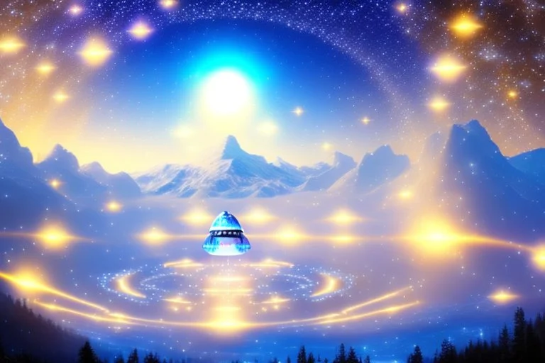 white spaceship flying saucer with light in the below. the landscape is a fairy colourfull forest with snow sweety mountains. the sky is blu with stars and brightness beam