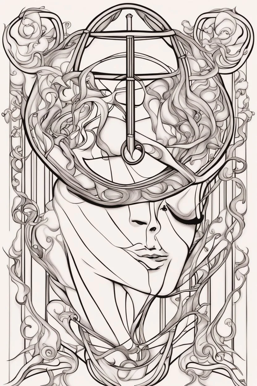 The Zodiac Sign of Libra intertwined with Venus accents, illustrated in black and white with distinct, bold lines, suitable for an adult coloring book, contour, vector, clean line art, isolated on a white canvas