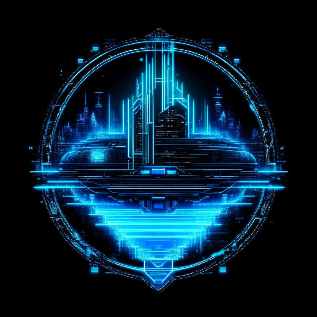 A pixel art cyberpunk version of the Manchester City logo. The crest is circular with a glowing neon blue border, metallic silver text, and a futuristic ship in the center, lit with radiant sky blue lights. Holographic tech circuits wrap around the badge, and the background is transparent.