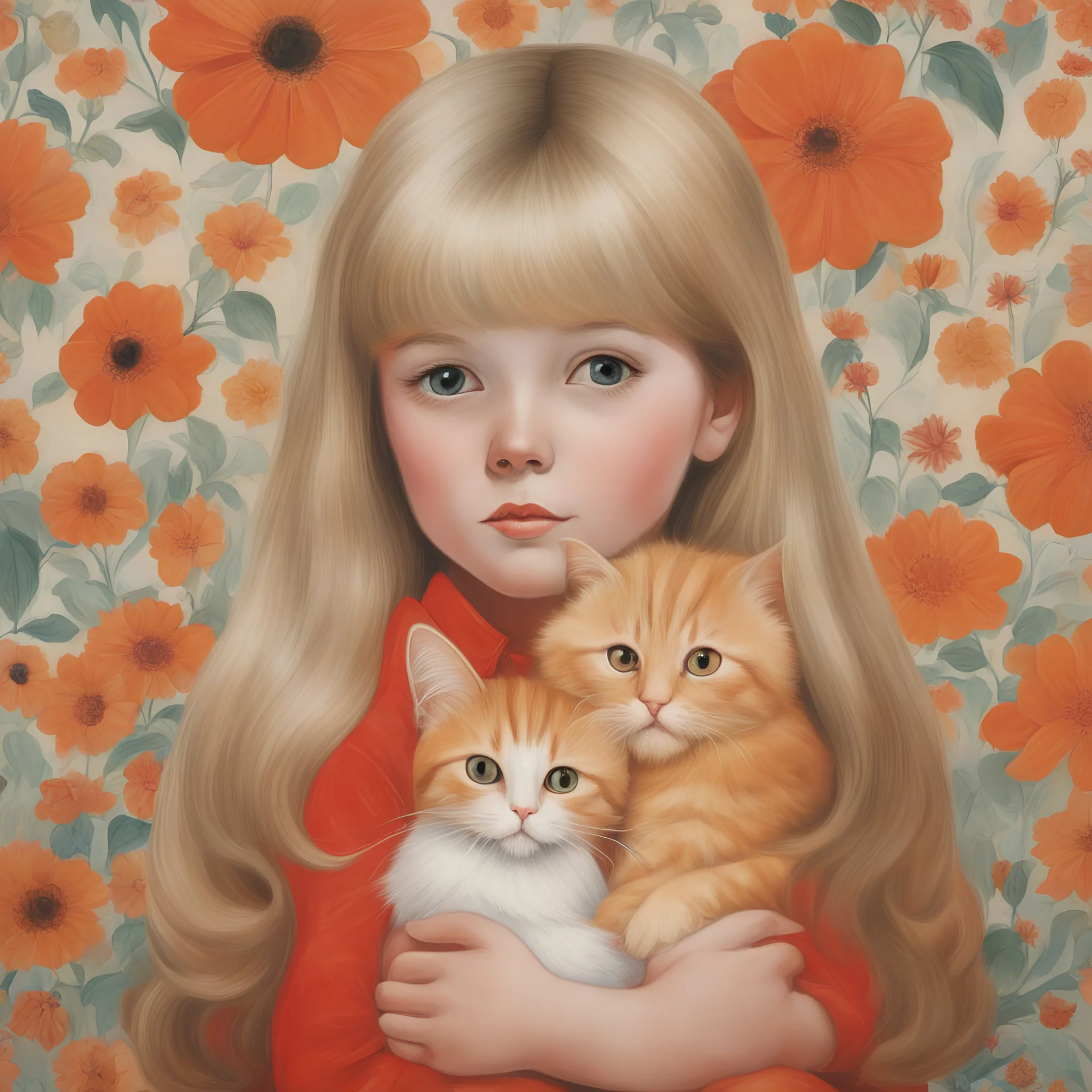 1970s, blond Little girl in red, long hair parted in the middle, hugging an orange cat, in the style of Margaret Keane, huge eyes, flowered wallpaper