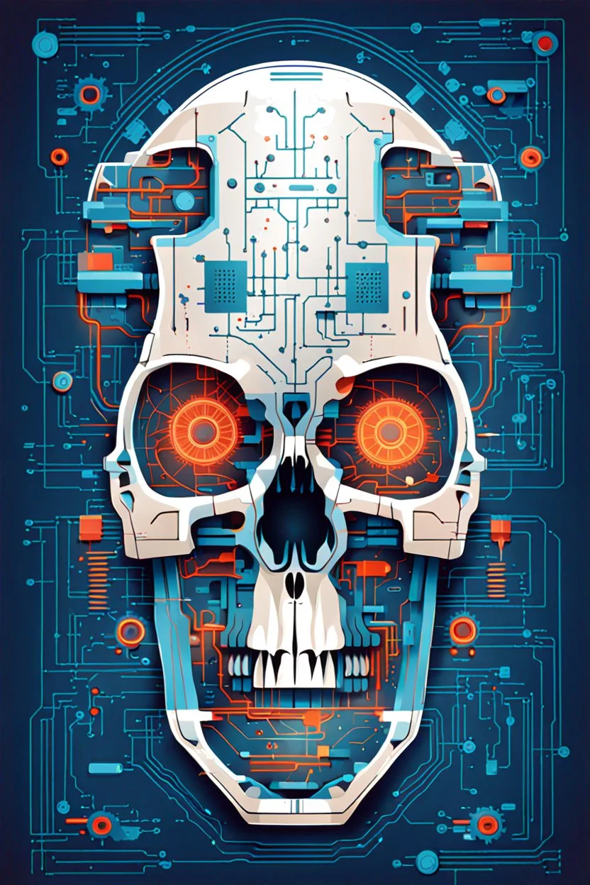 FLAT VECTOR LAYERED IMAGE OF CYBERNETIC SKULL PARTS IN A SCHEMATIC