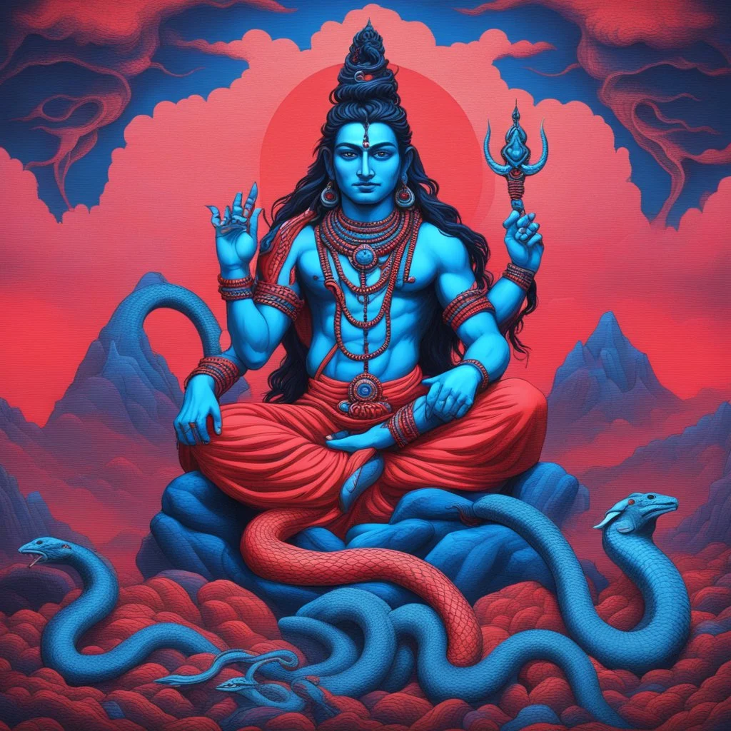 Shiva in mountain shambala neon red and blue with snake