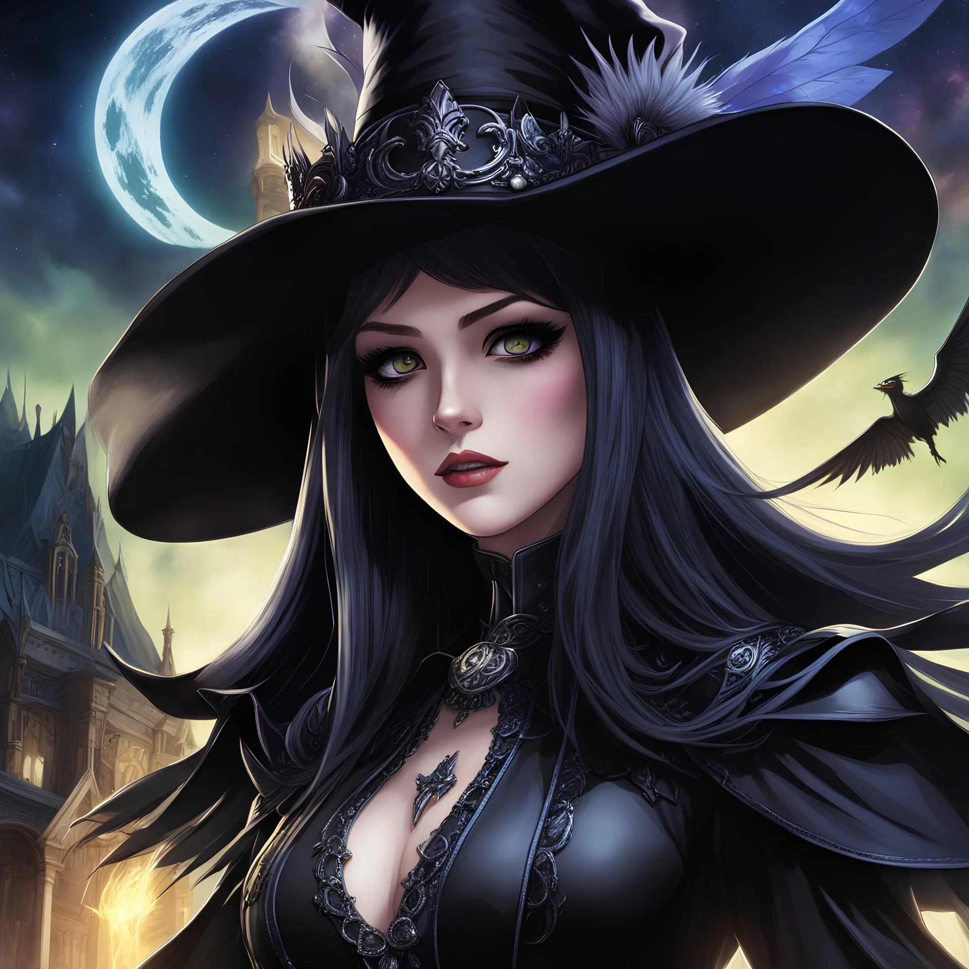 a close up of a person wearing a hat, beautiful necromancer girl, movie promotional art, supervillain sorceress witch, manga cover art, has black wings, nekro iii, ( ( ( anime ) ) ), detailed –n 9, beautiful female wicked witch, a pilgrim, gothic mansion, amalgamation of magical stars.Blended Background,comic, Leonardo da Vinci, Masakatsu Katzura, deep color, daytime Lighting, digital illustration, 4K