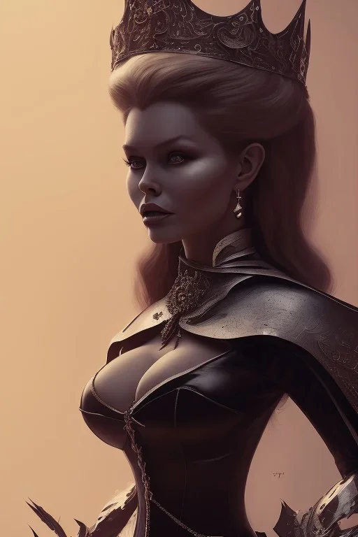 Brigitte Bardot as evil queen in black leather, leather, busty, cleavage, angry, stern look. character design by cory loftis, fenghua zhong, ryohei hase, ismail inceoglu and ruan jia. unreal engine 5, artistic lighting, highly detailed, photorealistic, fantasy.