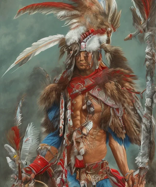 Guaicaipuro, native american god, 30 years old, Muscular warrior, red feathers headdress, shirtless, fearce look