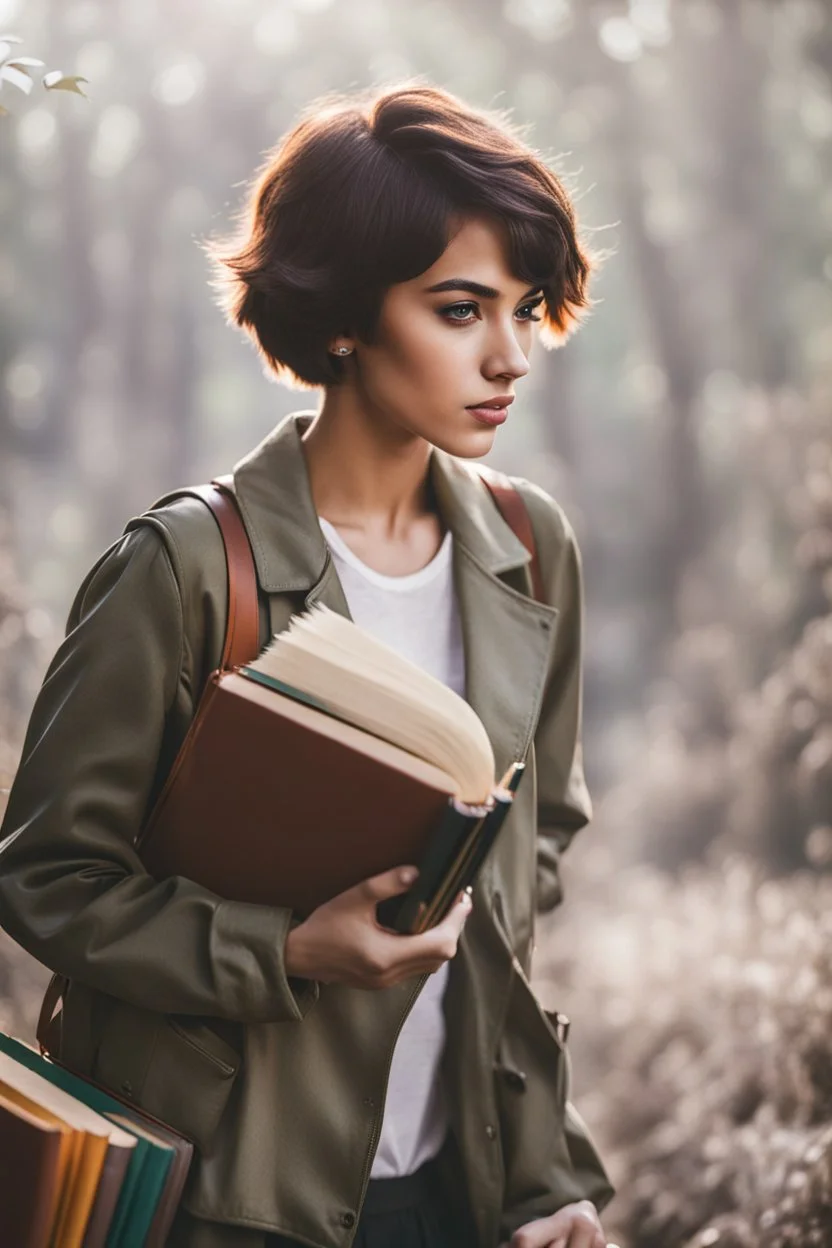 portrait pint of color photo of a student girl 22 years old ,short hair with her books in her hand walking in magic jungle