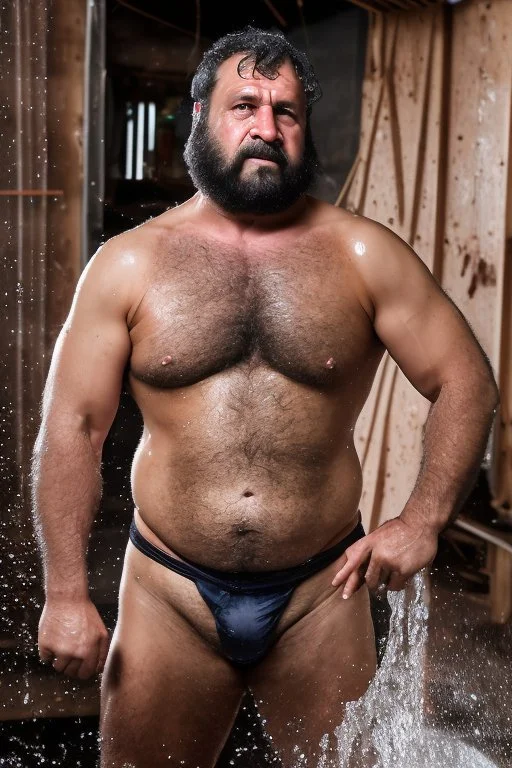 full figure shot photography of a furious wet chubby strong iranian sweaty 57 years old strong carpenter working hard in a construction site, under a huge water leak raining, in tank top and boxer, bulge, long beard, hairy chest, tattoo, long curly hairs, photorealistic, 32k, furious eyes, side lights, ambient occlusion, frontal view from the floor