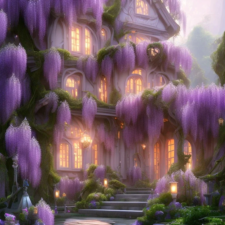 a magical flower wisteria house in the woods, pink vertical, sharp, vines, candlelit, endor, ornate, elegant, highly detailed, artstation, concept art, smooth, sharp focus, illustration, 8k, splash art, wallpaper, key visual