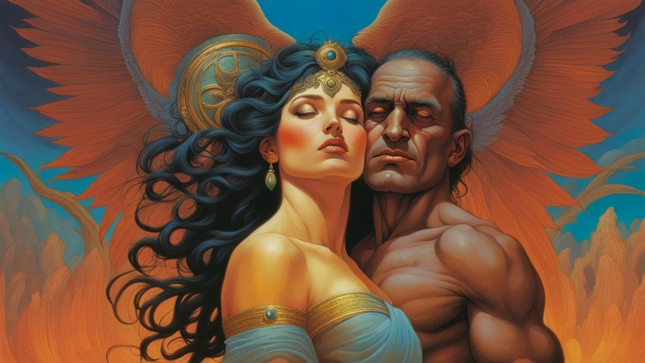 The goddess of life making out with the god of death. perfect faces. concept art, intricately detailed, color depth, dramatic, colorful background. perfect hands. Painted by Michael Whelan