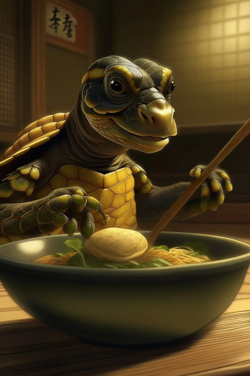 Photo realistic picture of turtle eating a bowl of ramen while in Mexico.