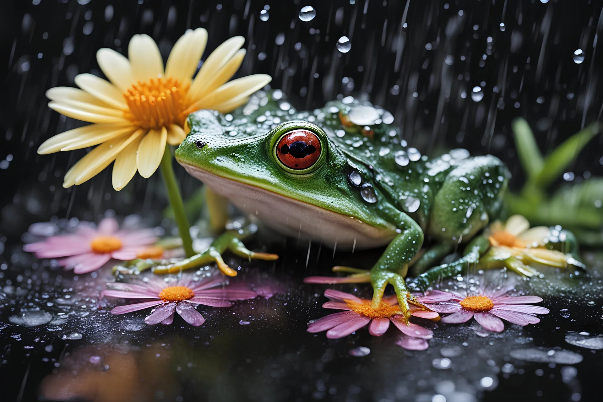 Create a high-definition image of a rainy landscape in which a frog is drenched under a flower in crystal style art frog is looking up at raindrops from colorful daisy petals on a black background, sheltering from the rain.