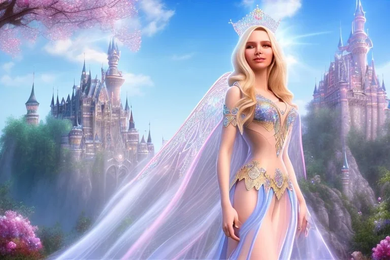 castle in background, beautiful, soft, big smiling, straight and long blonde hair, blues eyes, dewy and shiny atmosphere, diamond crown, long fairy wings in the back, full head, pink veil clothes