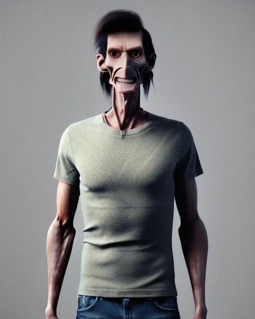 a tall rattled guy with short dark hair tousled on top, a long neck and long limbs and is wearing a t-shirt with a shirt over and skinny jeans