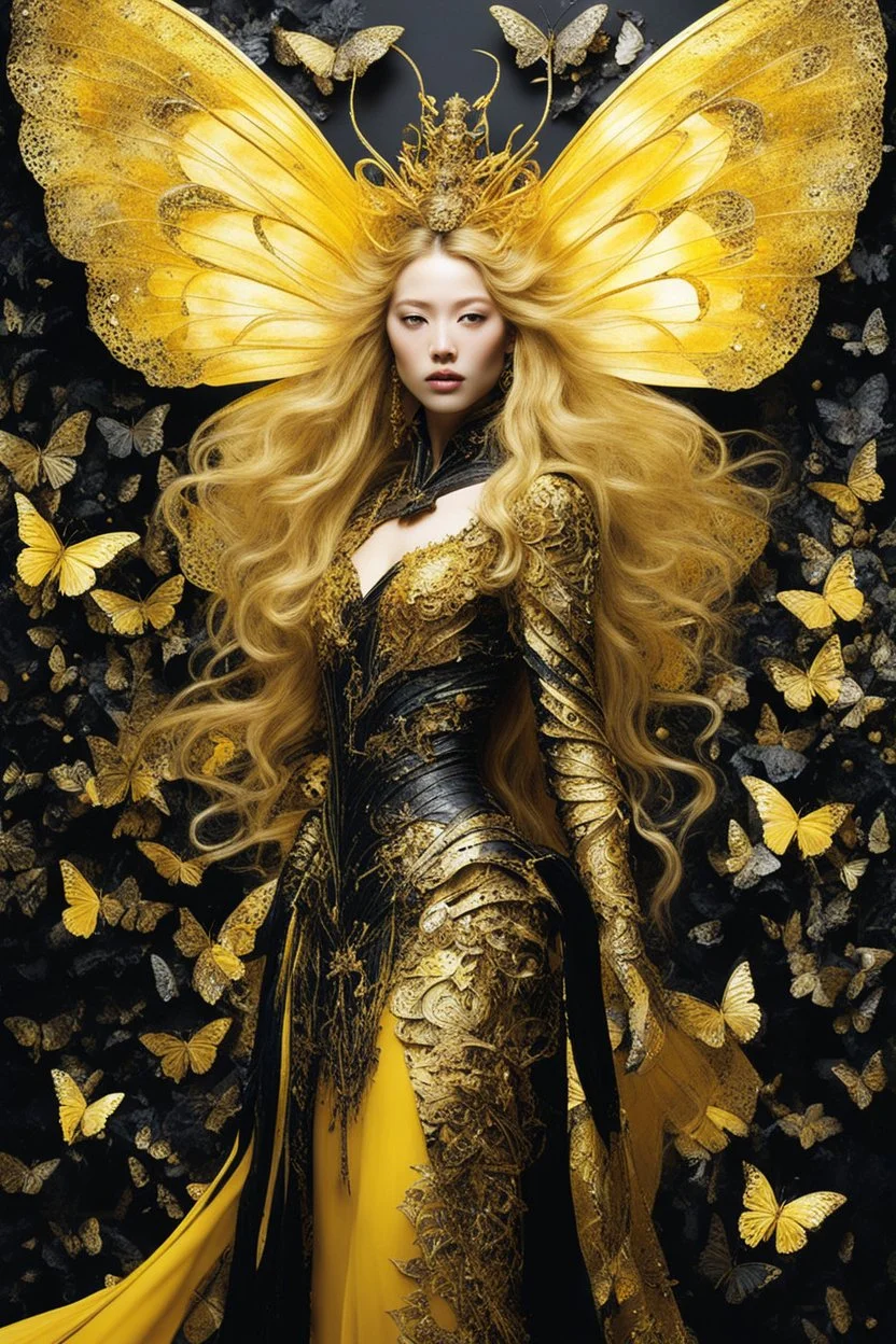 style of Yoshitaka Amano ~ Butterfly Empress, long huge flowing gold hair, yellow eyes. dressed in a cosmic gold plated Armor made of gold butterflies. standing in a room made of butterflies. surrealist. Shades of luminous black and yellow piercing shadow, reminiscent of Beuys and Qian Xuan.