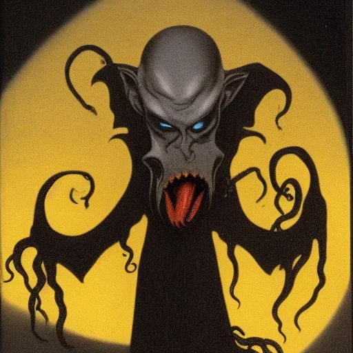 nosferatu vampire with five yellow eyes and tentacle beard and long arms and fingers