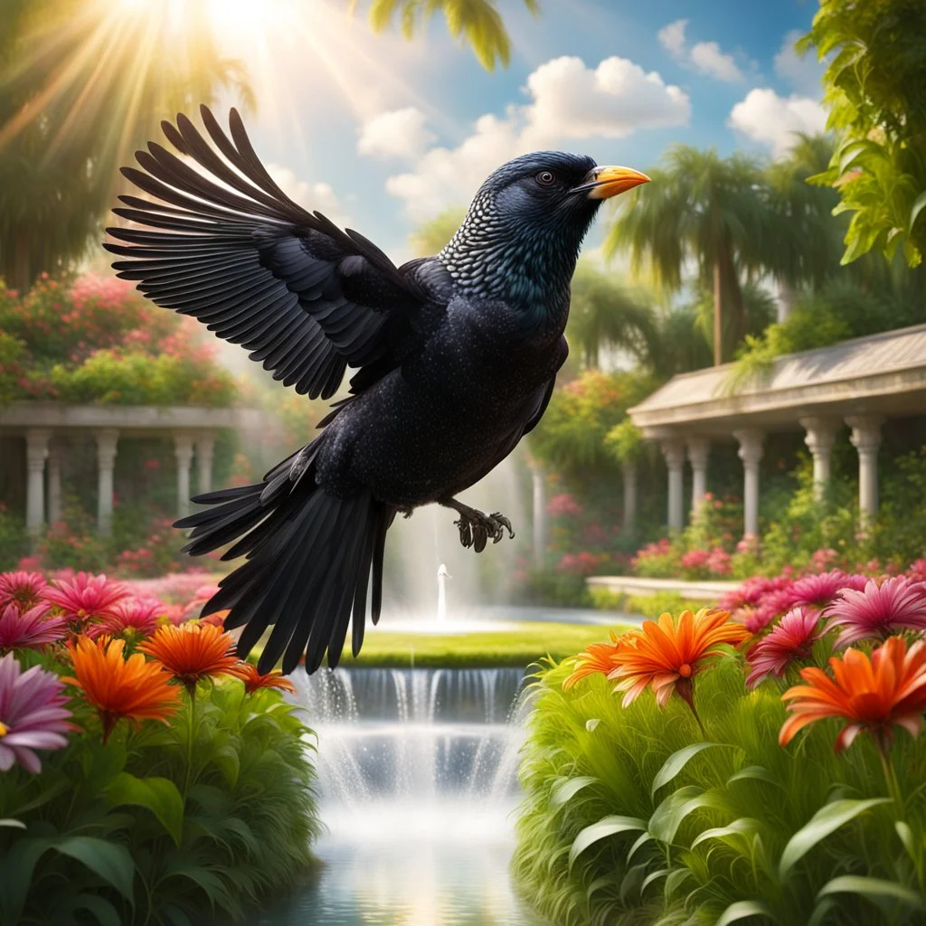 Hyper Realistic photographic-view of a Koel-Bird Flying in a beautiful flower garden with grass-patches & a water fountain with sunlight-rays-behind-clouds showing dramatic & cinematic ambiance