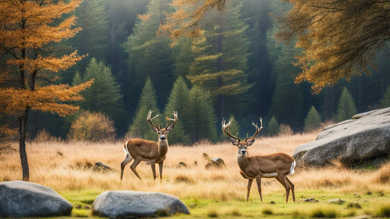 deer in forest next to rocks and grass fields