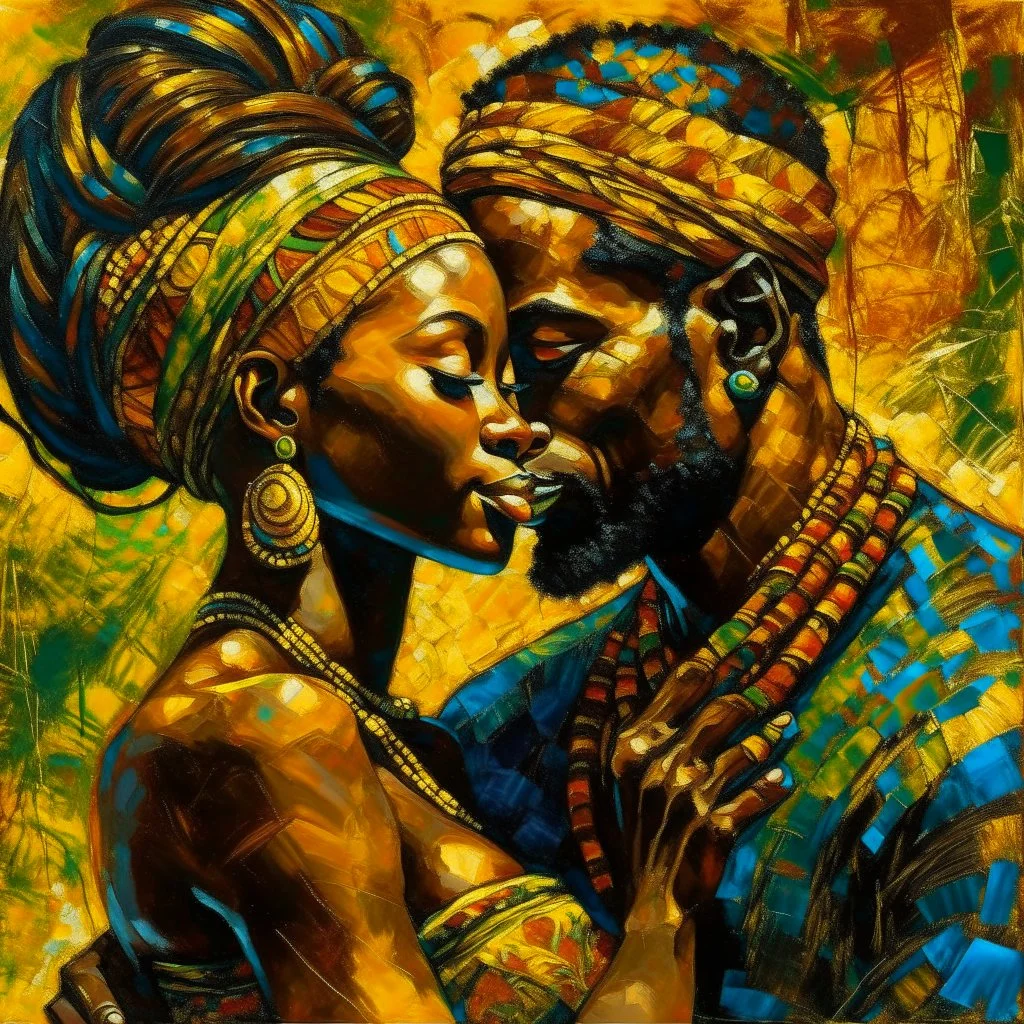 Side profile of an African King with her aspirations behind her. Holding her man hugging with love and romance,Opulent Van Gohn style painting