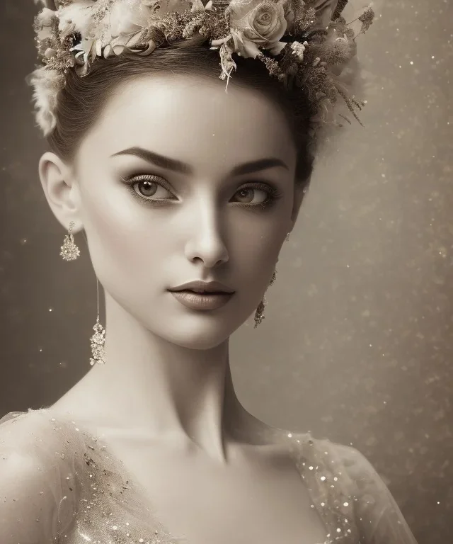 vintage sepia photo of beautiful, stunning ballerina with white feather crown wrapped around head, glittery bodice, close-up half-body portrait, sepia, background of flowers, gauzy white curtains, candles, dreamlike, sepia photography, centered, 8k resolution, high-quality, fine-detail, intricate, detailed matte, volumetric lighting, photo-realistic, candles, translucent gown, illustration, 3D octane render, brian froud, howard lyon, selina french, annie stokes, lisa parker, greg rutowski