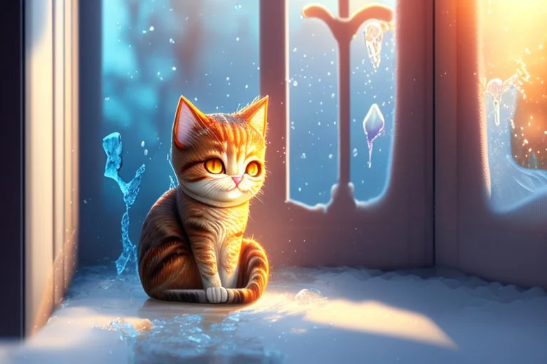 cute chibi thankful cat praying in an icy room in sunshine