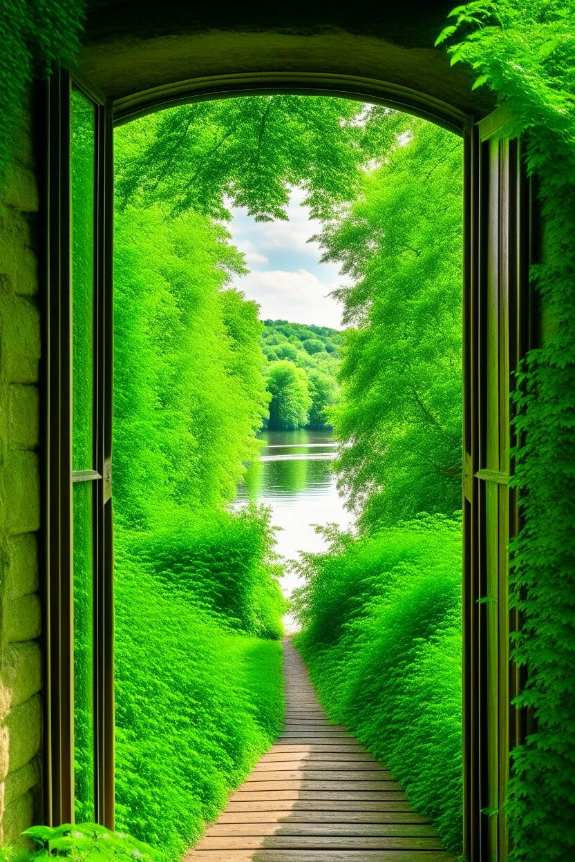 An open door behind it, a green garden and a high-definition river.