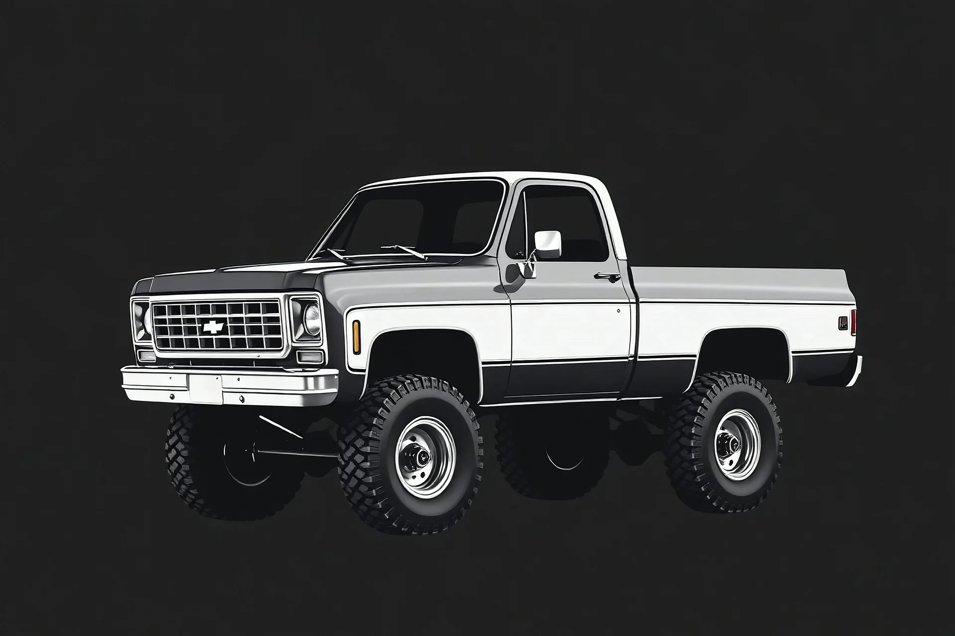 1970s Chevrolet square body truck 4x4 facing a little to the left, dark gray background, high contrast black and white vector