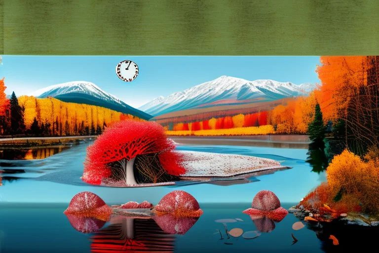 The image is divided vertically by a river, in which clocks flow instead of water. In the background are snow-covered mountains, on the left bank of the river an autumn forest with deciduous trees, and at the base of one of them a red mushroom with white spots. On the right bank of the river, a spring green meadow with wild flowers, butterflies fluttering, bunnies scurrying in sunshine. Watercolor on wet paper, soft strokes, shading pastel colors, reflection, mist, fog.