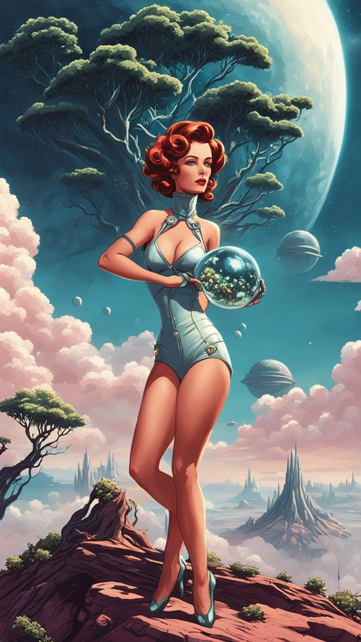 slim Sci-fi pin-up girl on an alien planet of cloud trees