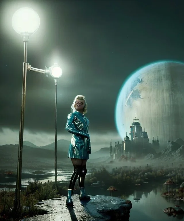 Ultra Realistic retro sci-fi 1960 scene, waist up view portrait, blonde woman, sweet young Marilyn Monroe face, perfect iris, tight latex coat, Strange planet background, Retro sci-fi style glass helmet, fog, rain, soft color, highly detailed, unreal engine 5, ray tracing, RTX, lumen lighting, ultra detail, volumetric lighting, 3d, finely drawn, high definition, high resolution.