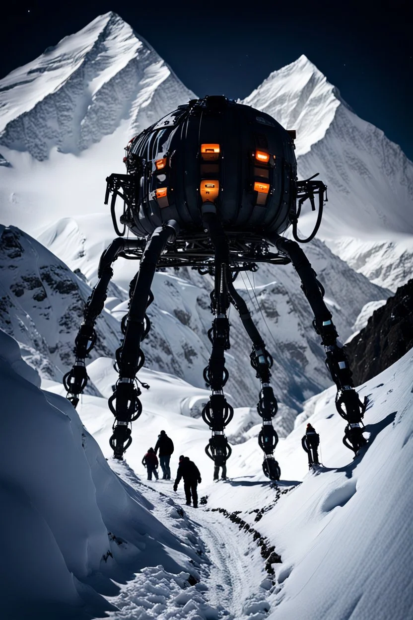 silhouette of a eight legs machine scaling a very steep snow covered side of mout everest at night, it has storage pods on its belly and humans can fit in the pods