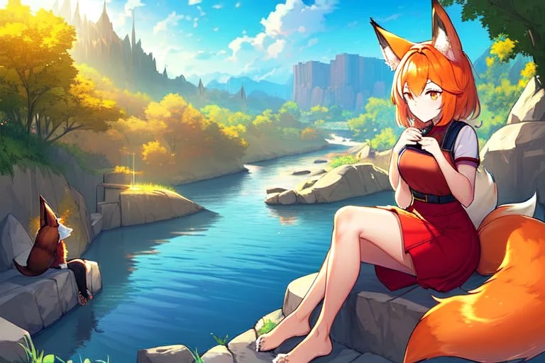 Girl, fox ears, one big fox tail, orange hair, red skirt, river, fox foot , sit on the shore, fox eyes