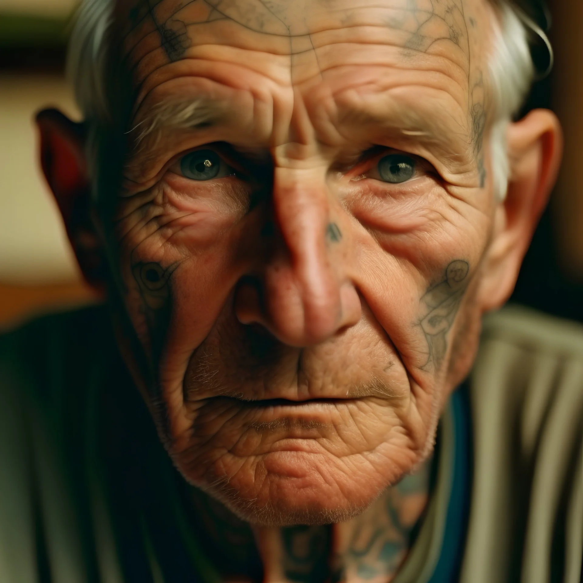 older man looking at camera, map tattooed on his face, Portrait, Kodak Gold 200, F/2.8, Analogous-Colors, 8K,