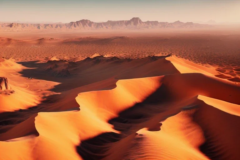 Extreme long shot, Birds Eye view, Arabic desert skyline, smooth, god rays, unreal engine 5, ray tracing, RTX, lumen lighting, ultra detail, volumetric lighting