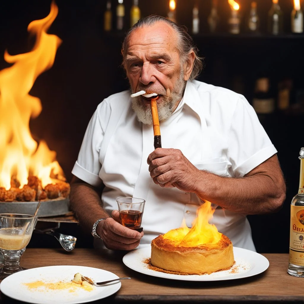 Charles Bukowski participate au meilleur pâtissier 2020, his cigarette in the mouth and a bottle of rhum for his dessert un épais flaming baba au rhum in fire