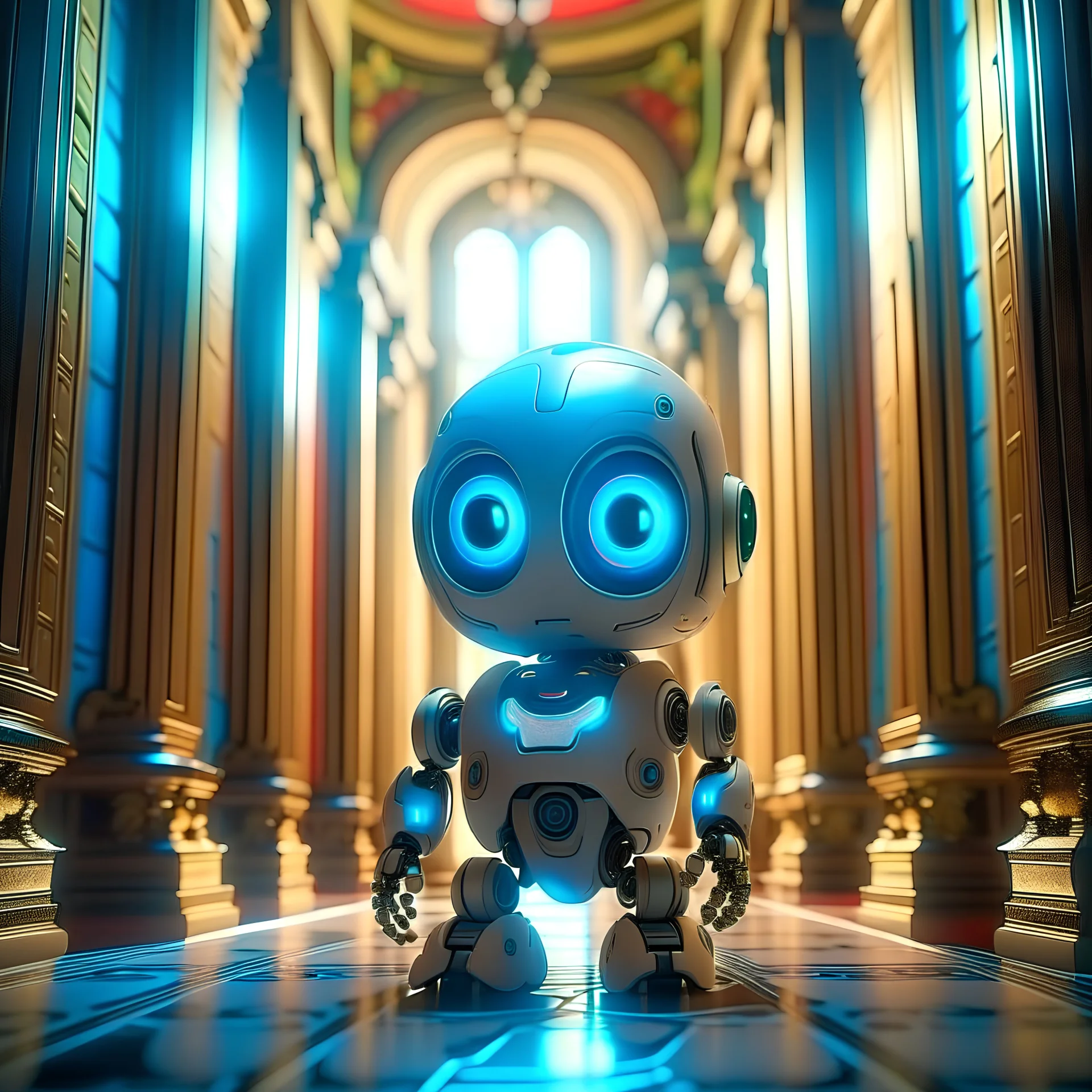 joyfull blessed cute holy chat robot in surrealistic hall, 8k, down-light, soft light, depth of field, photo realism, trending on art station, high detail