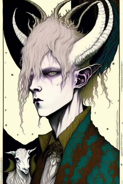 Emo, albino, teen, goat horned, satyr, alchemist, with goat horns on his head, in the style of Harry Clarke