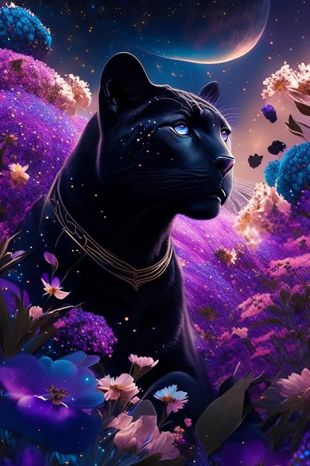 Black panther surrounded by millions of brilliant flowers in space