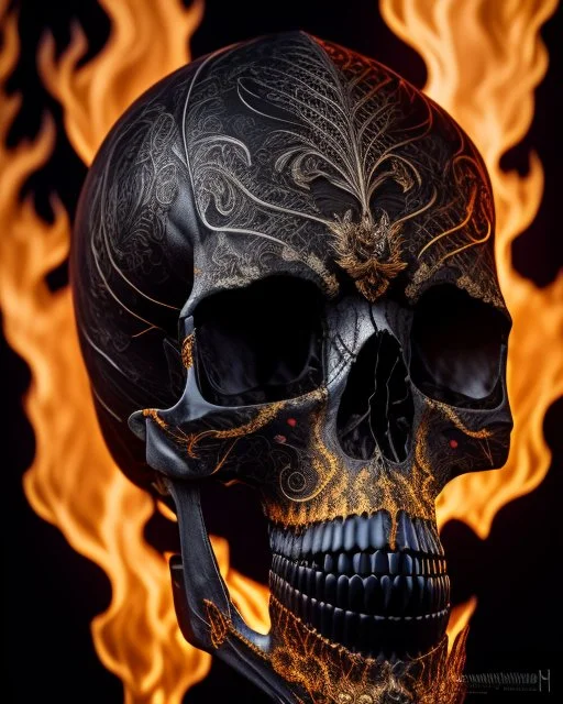 A beautiful highly detailed ornate intricate portrait of a flaming demon skull made of shiny obsidian glass :: reflective, glassy :: subtractive lighting, backlit :: by John William Waterhouse, Greg Rutkowski, HR Giger :: hyperrealistic, hyper detailed, photorealistic :: epic, incredible composition, amazing depth, meticulously composed, 16k resolution concept art :: fantasy magazine cover art