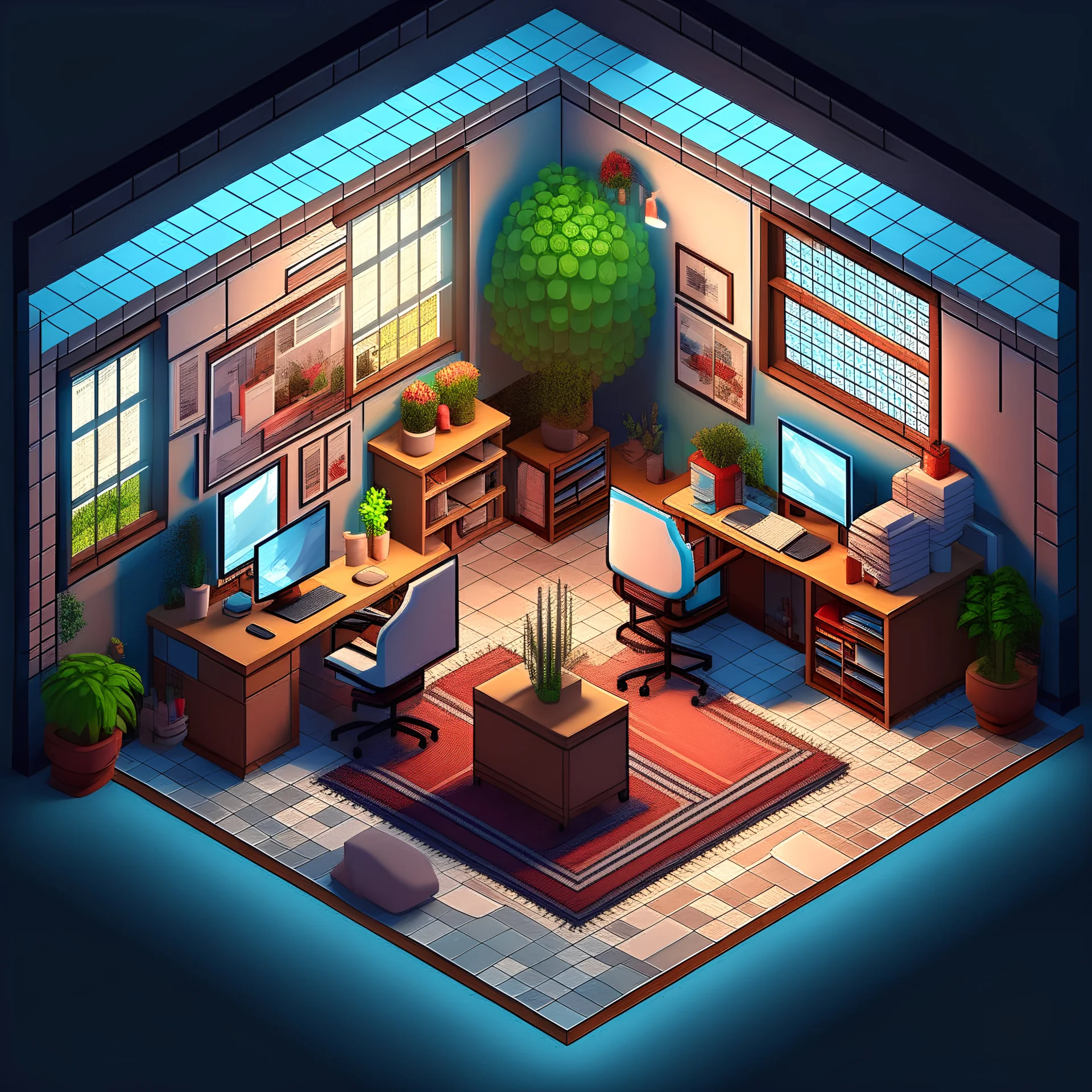 Detailed isometric designer's office, ((transparent background)), pixel art, unreal engine voxel render, untra detailed, NFT style, artstation winner, videogame hyperreal render, straight lines, orthographic projection, particle effects, 2.2 gama, sony a7r7, Tamron 10-24mm f/3.5-4.5, ISO 3200, extremely detailed, 8k texture