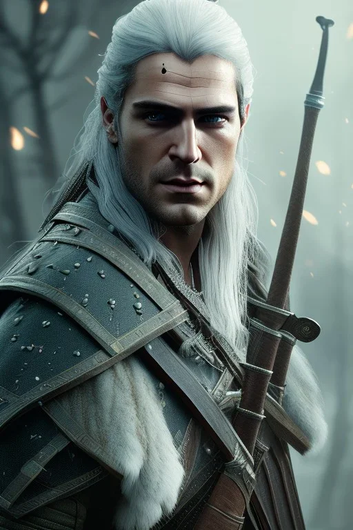 Henry cavil face, yellow eyes, long white hair, wearing The witcher 3, realistic, 4k, intricate, best quality, fog particles, fire particles, octane render, vray, sword fire