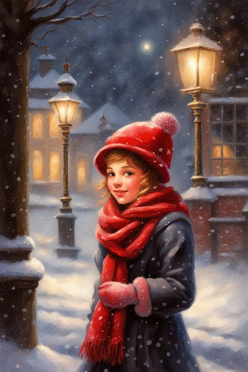 Painting of a cute girl in a red hat and scarf, snowfall in the background, bright night, by Thomas Kinkade