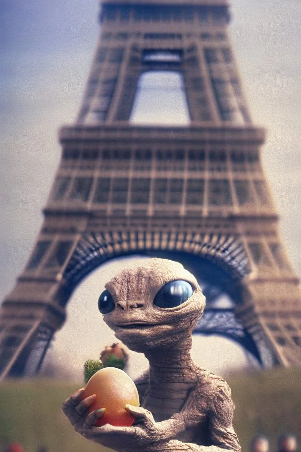 E.T. holding an Easter egg in front of the Eiffel Tower