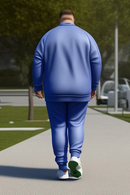 full figure shot back view of a fat guy , timid 45-year-old italian chubby in tracksuit, big buns, at bus stop photorealistic, ambient occlusion, sunlight