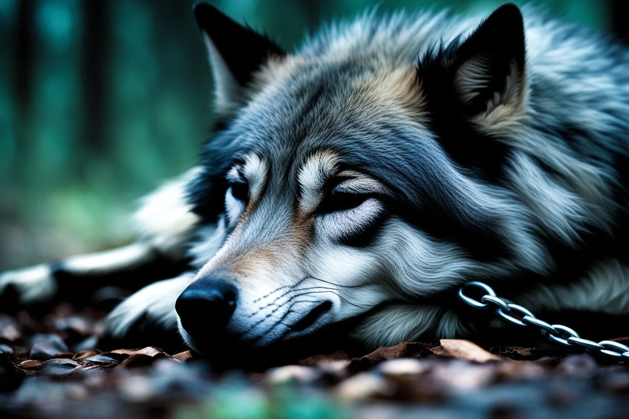 sad small scruffy wolf with a chain around its neck laying down eyes closed, photorealistic, dark fantasy, forest