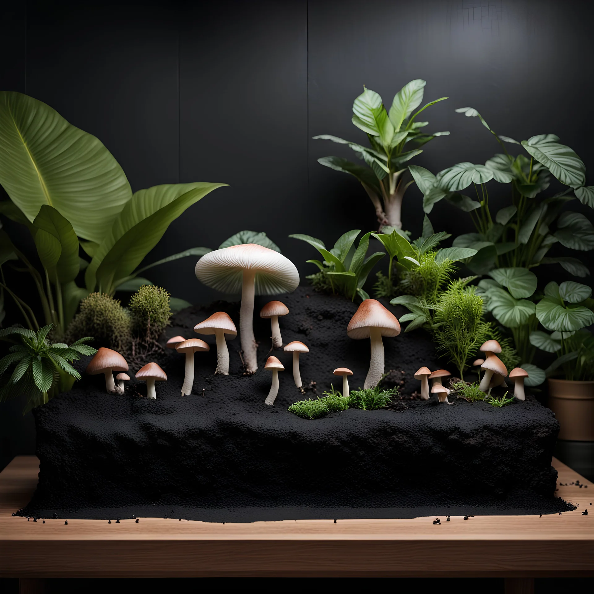 A Terarrium standing on a wooden table, the wall behind it is black, inside the terarrium are tropical plants placed horizontally at the back wall. the floor of the terarrium is covered in black sand, on the black sand a bunch of exotic looking mushrooms are growing