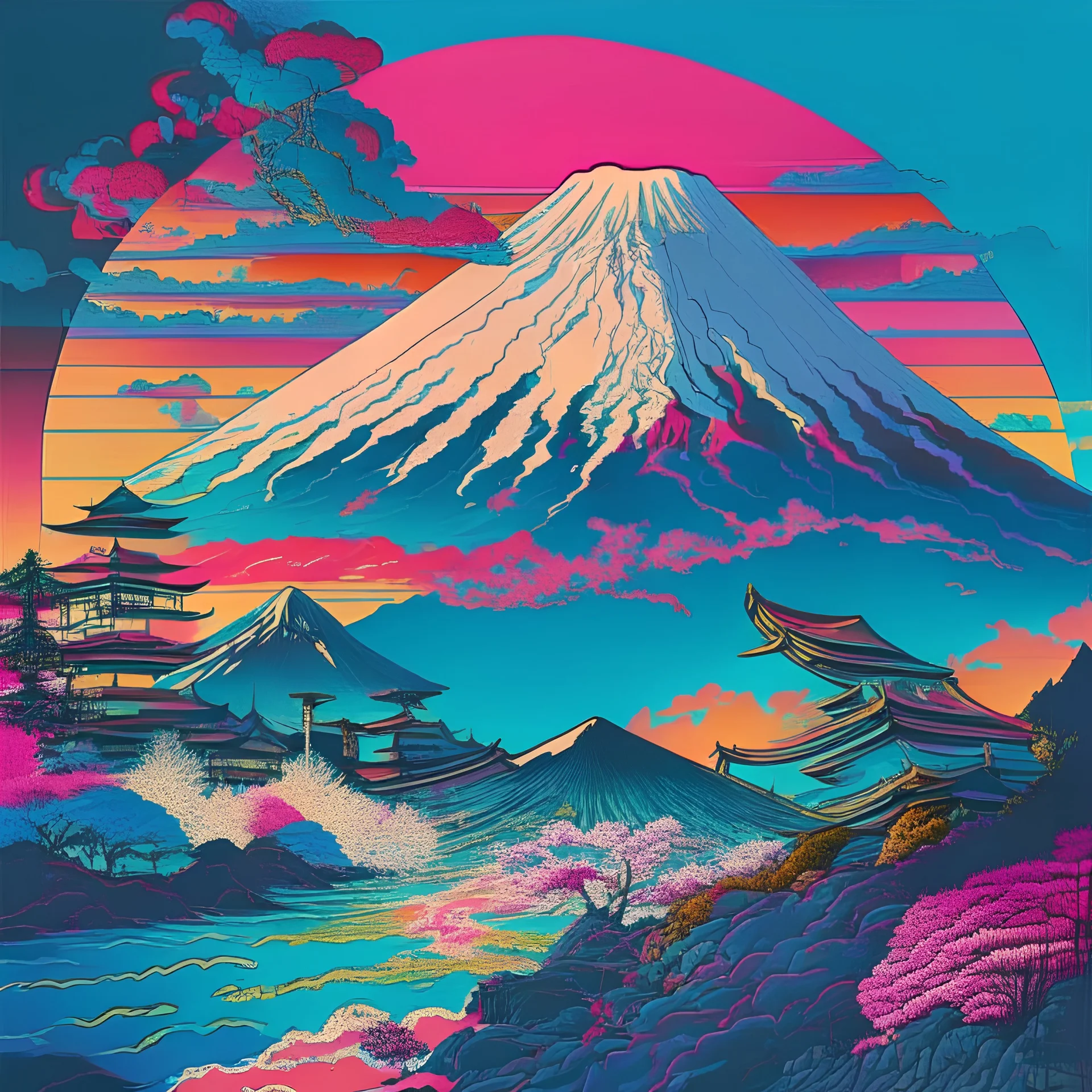 Mount Fuji. Ukiyo-e art, Colorful, vibrant, full of details, smooth, light effect，vaporwave colorful, smooth, extremely sharp detail