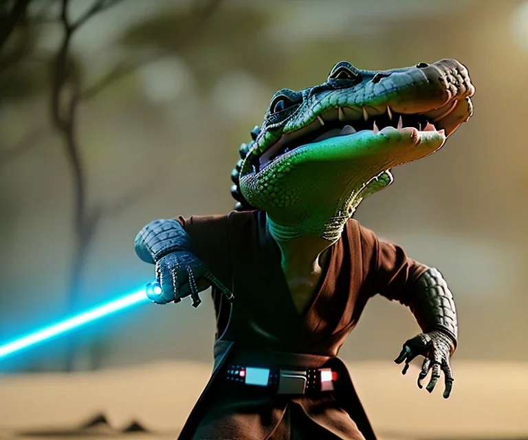 Star wars animation, crocodilian, frills, wide head, longer arms, samurai robe, holding lightsaber, hands, wrist gauntlets